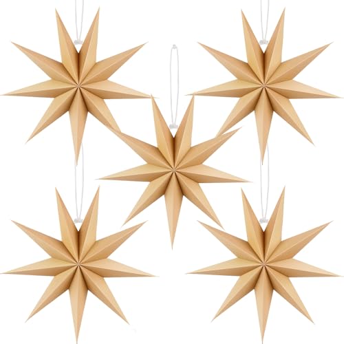 Image of 12 Inches 5 PCS Natural Paper Star Lanterns Christmas Hanging Lamp Rustic Paper Decorations Shade Wedding Birthday Christmas Home Party Decorations (9 Pointed)