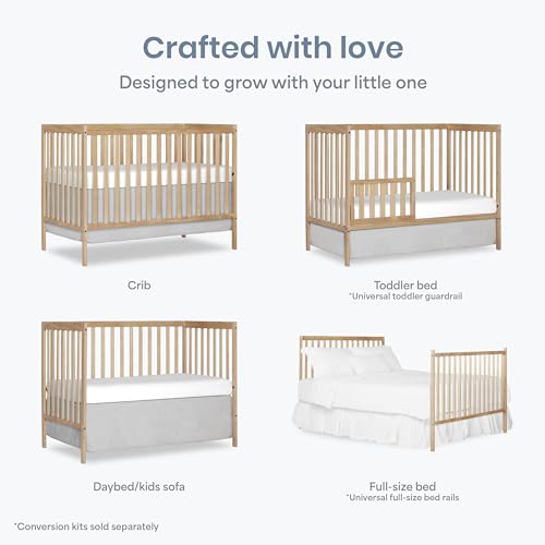 Image of Dream On Me Synergy 5-in-1 Convertible Full Size Baby Crib, GREENGUARD Gold | BSA Verified, ASTM & CPSC Tested, 3-Position Mattress Support, Converts to Toddler, Day and Full Size Bed, 50 Lb, Beechwood