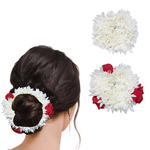 Image of Temperia (2 Pcs) Scented Mogra Gajra Hair Accessories For Women & Girls - Hair Flower Bun Artificial Fake Gajra Scrunchies Rubber Band - Premium & Voluminous, 1 Pc Red Petals & 1 Pc White