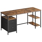 VASAGLE Escritorio, Mesa de Ordenador, 160 x 60 x 76 cm, Mesa de Oficina, con 2 Cajones, 3 Estantes, Marrón Rústico y...