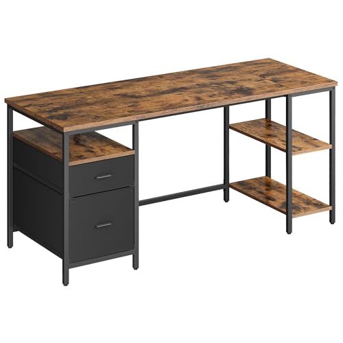 Image of VASAGLE Computer Desk with Storage, 3 Shelves, 2 Drawers, 160 x 60 x 76 cm