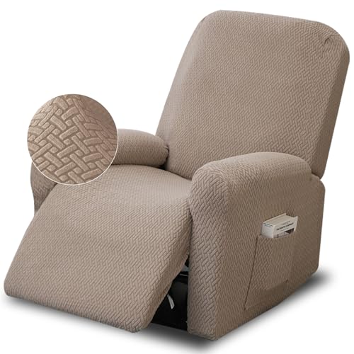 Funda de Sillón Relax, 4 Piezas Funda para Sofá Reclinable con Bolsillos Laterales Extraíble, Funda Elástica de Felpa para Sofá Individual, para Tumbonas, Sofás de un Solo Asiento(Gris Pardo)