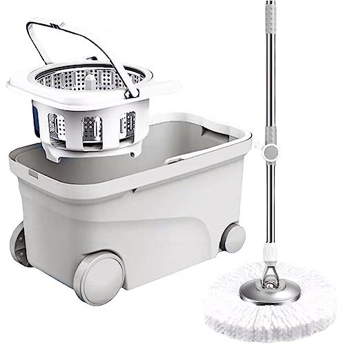AMNOOL Spin Mop-Eimer mit Auswringer-Set – Bodenwischer mit 4 Rädern Easy Move, Verstellbarer Griff aus Edelstahl, 5 Mikrofaser-Ersatzkopf-Nachfüllungen, 1 Bodenbürste,Grey