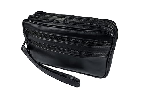 MACEMARO TRADING Sacoche XXL en cuir à poignée pour hommes - Sac à main, sac bandoulière, sac ceinture, sac à poignet, fermeture éclair, noir pour hommes, bracelet de poignet, sangle de main