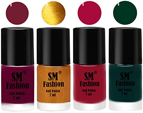 Image of Nail Polish Combo Set (Pack of 4) Quick Dry Gel Finish Nail Paint | Mulberry,Golden,Raspberry,Dark Green | 7 ml Each
