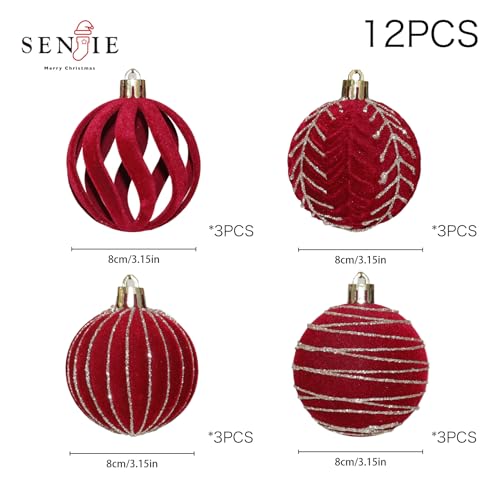 Image of 3.15INCH Burgundy Velvet Ornaments for Christmas Tree, 12PCS Glitter Flocked Christmas Ornaments Decorations Balls Set Decor