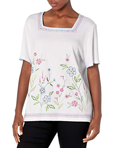 Alfred Dunner Women's Petite Border Embroidered Floral Top, White, PM