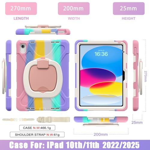 LX-SUNCX Case for iPad 11th Generation 11" (A16) 2025,iPad 10th Generation 10.9" 2022,Shockproof Cover for Kids with Screen Protector,Rotating Stand,Pencil Holder,Shoulder Strap (Colourful Pink) - image 2