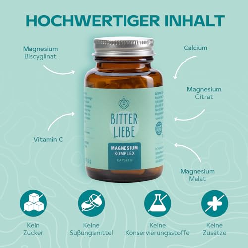 BitterLiebe - Magnesium Bisglycinat Kapseln hochdosiert - Magnesium Komplex mit Bisglycinat und Glycinat als Komplex als Tabletten - magnesiumbisglycinat und Magnesiumcitrat Kapseln