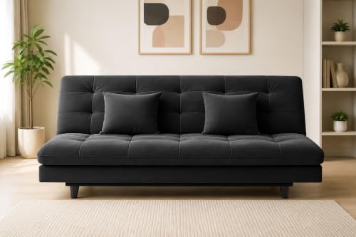 Image of Los Angeles Modern Convertible Futon Sofa Bed, Tufted Upholstered Folding Couch with Adjustable Backrest, Space Saving Sleeper Sofa for Living Room, Apartment, Office, Dorm & Guest Room - Black