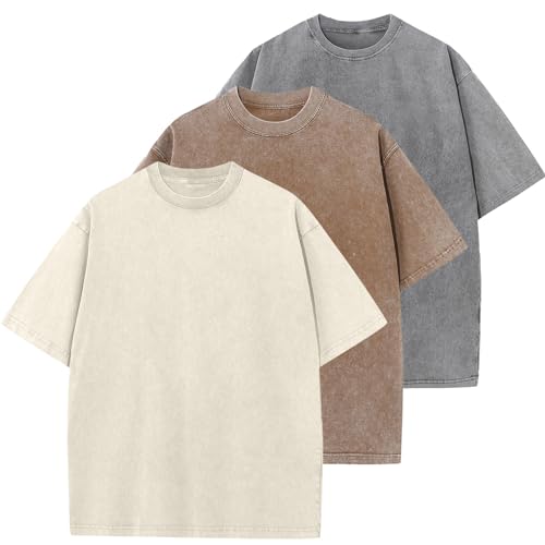 Oversized T-Shirt für Herren Heavy Baumwolle Regular Fit Basic Männer T-Shirt Set Casual Sommer Tops(BraunBeigeGrau XL)