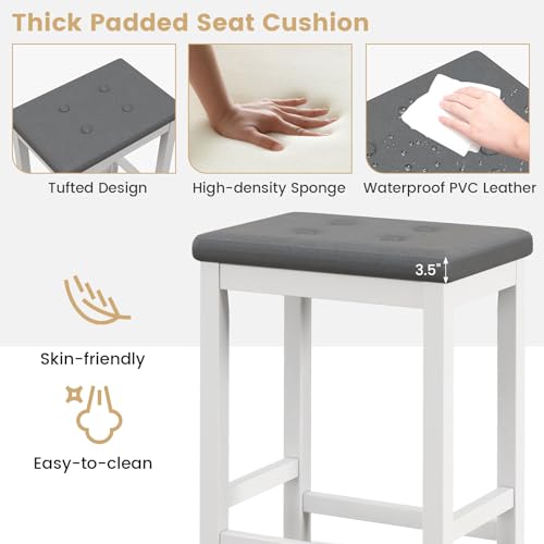 GOFLAME Butaco 24 Pulgadas Set de 2, Banquetas de Altura para Barra con Asiento de Cuero PVC Capitoneado y Reposapiés, Sillas Tapizadas para Pub con Estructura de Madera de Caucho Gris y Blanco miniatura 4