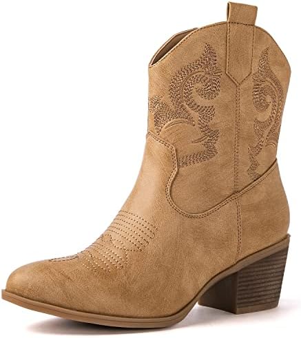 GLOBALWIN Women's The Western Wear Fashion Cowboy Cowgirl Free Birds Country Concert Disco Outfits Low Heel Walking Boots For Ladies, 19yy16 Khaki, 7.5