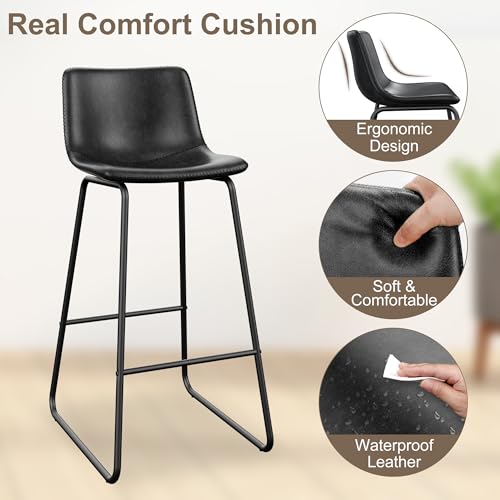 Image of REONEY Bar Stools Set of 3, 30 inch Faux Leather Counter Height Stools, Black