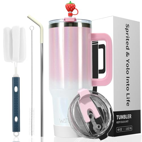WATERSY Doppelwandiger 30oz Kaffeebecher to Go Thermobecher Edelstahl Vakuum Auslaufsicher Trinkbecher mit Griff und Strohhalm Thermoskanne Rosa Weiß Glänzend