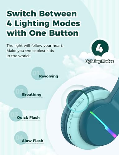 Image of iClever BTH12 Kids Bluetooth Headphones,Colorful LED Lights Wireless Kids Headphones,74 /85 /94dB Volume Limits,55H Playtime,Bluetooth 5.2,Over Ear Headphones Built-in Mic for iPad /Tablet /Airplane,Green