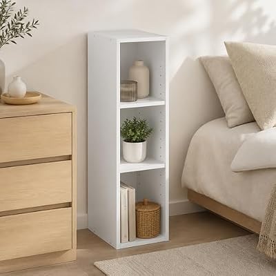 Furevol 3-Tier Narrow Bookshelf, 8-Inch Width Bookcase, Book Shelf with Storage Shelf, 9.3 x 7.9 x 31.5, for Living Room, Home Office, Bedroom, White