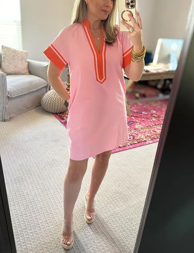 Image of QIBABU Linen Dress for Women V Neck Color Block Summer Short Sleeve A-Line Mini Dress with Pockets(2160-Pink-M-QB)