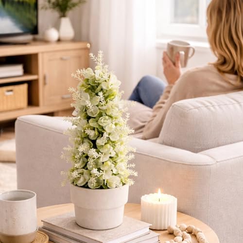 Image of Garden Art Artificial Frosted Eucalyptus Flower Arrangement with Melamine Planter - Decorative Faux Greenery Plant for Home, Office, Tabletop, Desk, Shelf & Living Room Decor (P-0202White)