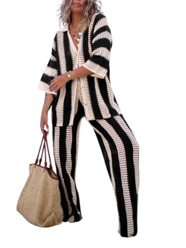 Image of Women Cover Up Sets Button Up Tops with Pants Crochet Set Outfit 2 Piece Outfits Vacation Outfits