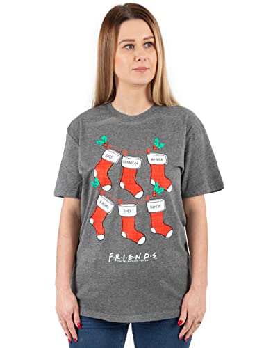 FRIENDS Christmas T-Shirt for Women | Ladies F.R.I.E.N.D.S TV Show Festive Stockings Grey Top | Short Sleeve Central Perk Xmas Outfit