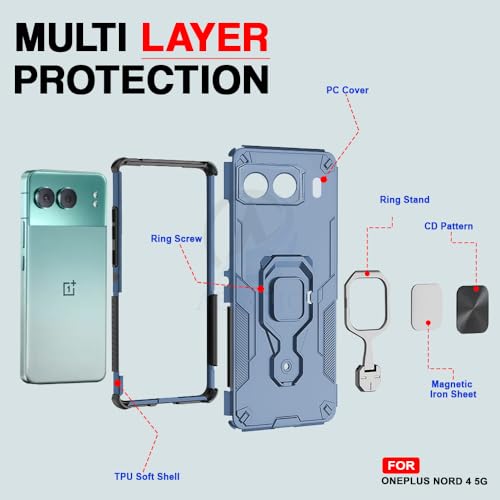 Image of AESTMO Armor Back Cover for OnePlus Nord 4 5G | Ring Holder & Kickstand & Camera Protection in-Built | 360 Degree Protection Back Case Cover (Blue)