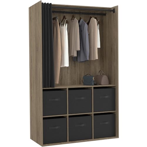 IDMarket DIANE - Vestidor de armario (104 x 50 x 172 cm, haya con 6 cajas de almacenamiento + cortina negra