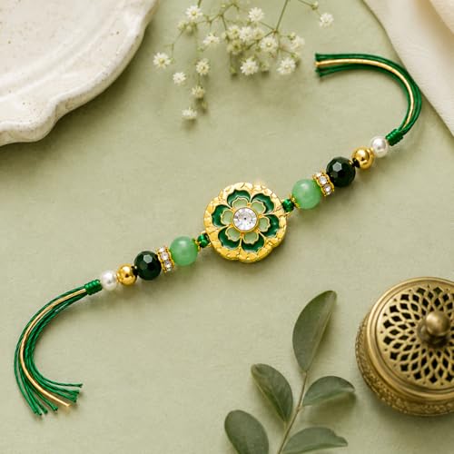 Image of JAIPUR ACE Elegant Blue inchBRO inch Designer Rakhi Gift Set with Greeting Card and Roli Chawal Pouch, Premium Brother Rakhi, Festive Raksha Bandhan Gift for Brother, Traditional (Green Elegant Rakhi)