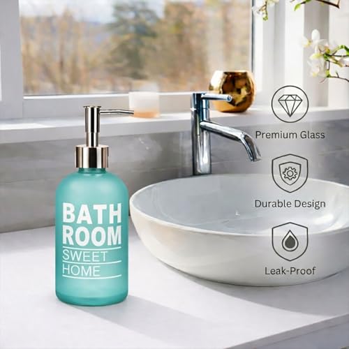 Image of Luxe Home International Bathroom Sweet Home Print Glass Soap Dispenser for Bathroom and Kitchen Sink Leak Proof Liquid Hand Wash Round Bottle Lightweight Smooth Finish (19.5x7.5 cm Aqua) Pack of 1