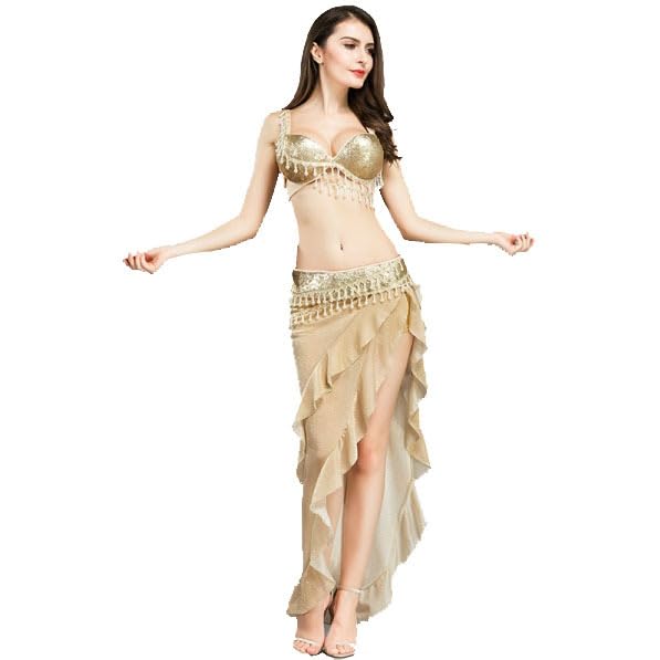 JRUIA Faldas Largas Asimétricas para Danza del Vientre Conjuntos para Mujer para Rave Festivales Carnaval con Sujetador Cinturón Y Falda Larga para Danza del Vientre,Oro,L