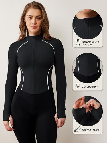 Image of AVGO Women's Workout Jacket Lightweight Zip Up Cropped Yoga Jackets Slim Fit Athletic Tops with Thumb Holes