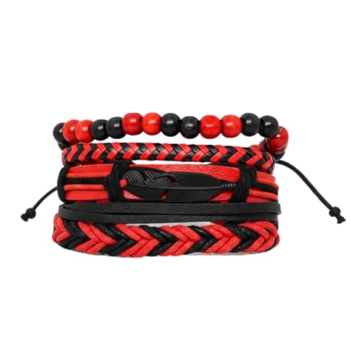 Image of THE MEN THING CRIMSON FEATHER - 4 Pcs Genuine Leather Adjustable Bracelet Set for Men & Boys (8 inch)