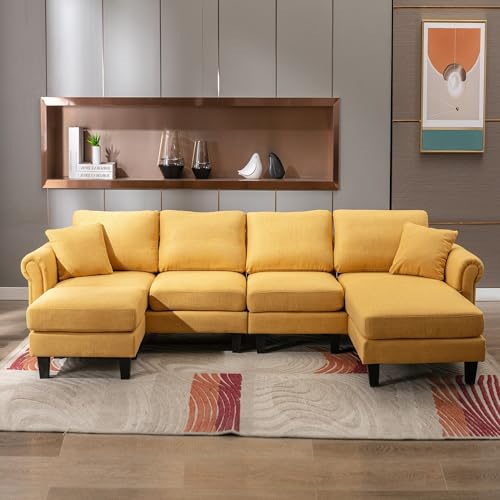 Image of Nathan 6 Seater L Shape Sofa with Centre Table | 6 Seater Sofa Set for Living Room| l Shaped 6 Seater Sofas, Premium Fabric (Nathan Yellow, RHS)