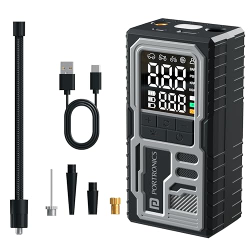 Portronics Vayu 10 Type-C Rechargeable Tyre Inflator, 2 x2000 mAh Batteries, Digital Display, 150 PSI, Preset Modes, Flashlight with SOS, Pressure Detection, for Cars, Bikes, Bicycles & Sport Balls