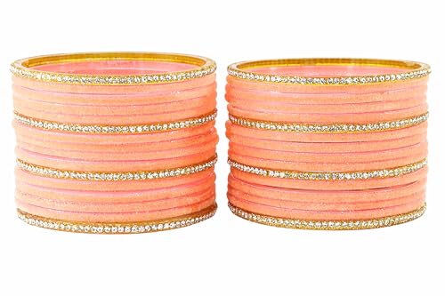 Image of NMII Fancy Glass Golden Zircon Diamond Stone & Velvet Finish Plain Bangles Set For Women & Girls | Glass Velvet Bangles | Kanch ki Chudiyan | Girl's Bangles Bracelet | Fashion Jewellery- Set of 32