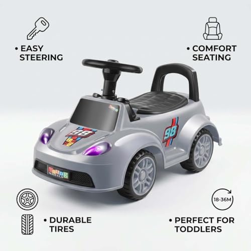 Image of Kids Ride On Car Grey for Toddlers with Steering Wheel & Backrest | Foot to Floor Baby Push Car | Indoor Outdoor | Strong Wheels & Comfortable Seat | Racing Design for Boys & Girls (1-3 Years)