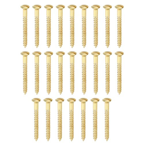 PATIKIL M4 x 40mm Slotted Wood Screw, 25 Pack Solid Brass Oval Head Flat Head Self Tapping Screws for Wood Furniture Connecting, Gold Tone