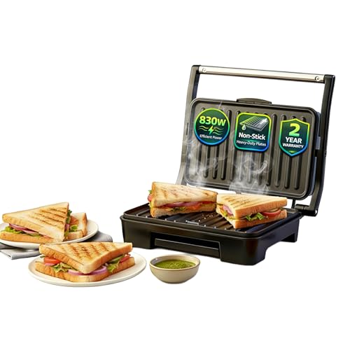 Image of Glen Electric Grill Sandwich Maker, 850W, Panini Press with Heavy Duty Non Stick Plates, Oil Collector Tray, Strong Steel Handle, Toaster Griller for 2 Bread Slices, 2-Year Warranty - 3029GRILL