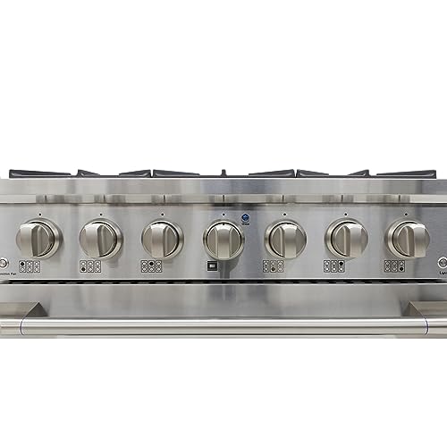 Gas Range Cooktop with Porcelain Convection Oven and Broil Function, 6 Sealed Burners and Continuous Grates with Stainless Steel Construction, 36-Inch, Silver