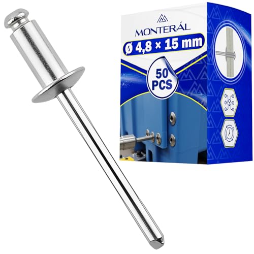 Set 50 Pezzi Rivetti Alluminio Ø 4,8x15 mm - Foro per Montaggio dei Rivetti Ø 5 mm Campo Serraggio 9,5-11,5 mm - Realizzati in Alluminio e Acciaio - MONTERAL