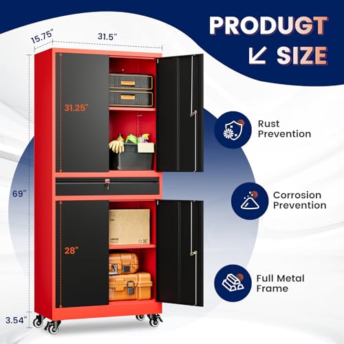 Image of Yizosh Metal Garage Storage Cabinet with Locking Doors and Adjustable Shelves,- 73 inch Rolling Tool Storage Cabinet with 4 Wheels and 1 Drawer for Garage,Warehouse (Red Black)