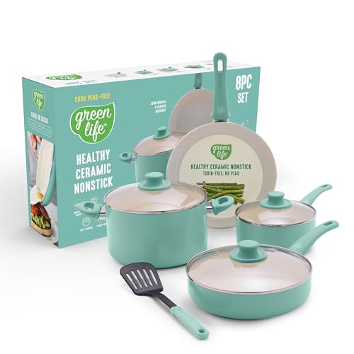 Image of GreenLife Soft Grip 8 Piece Cookware Set, Non-Toxic PFAS-Free Ceramic Nonstick, Frying, Sauce, Saute, Utensils, Glass Lids, Stay-Cool Handles, Wobble Free, Dishwasher & Oven Safe, Turquoise