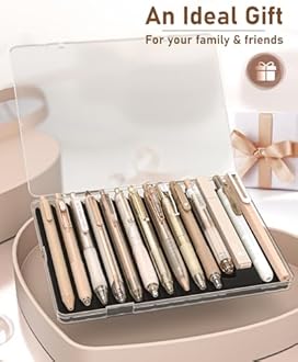 Four Candies Gel Ink Pen Set, 14 Pieces Pen Set with Case, Cute Notes, 0.5mm Fine Point, Retractable 12 Black Ink Pens with 2 Highlighters (Brown)