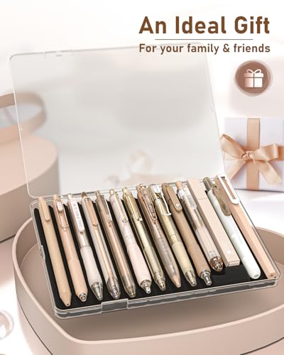 Four Candies Gel Ink Pen Set, 14 Pieces Pen Set with Case, Cute Notes, 0.5mm Fine Point, Retractable 12 Black Ink Pens with 2 Highlighters (Brown)