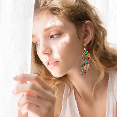 Vintage Bohemian Peacock Teardrop Tassel Dangle Drop Earrings for Women Sparkling Crystal Phoenix Bird Statement Earrings Jewelry4