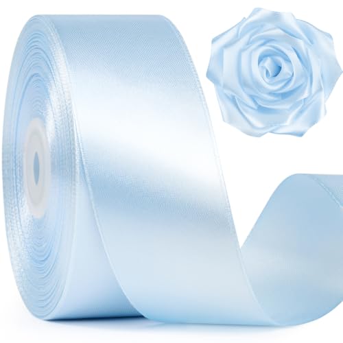 Image of Mauproy 1-1 /2 Inch Wide Light Blue Satin Ribbon, 50 Yards Baby Blue Solid Polyester Fabric Ribbon for Roses Making, Gift Wrapping, Flower Bouquets, Wedding Decorations, Handmade Crafts