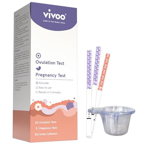 Vivoo Ovulation Test Strips and Pregnancy Test Kit — 25 LH Ovulation Tests + 5 HCG Pregnancy Tests + 30 Cups | 99.1% Accurate | 5-Min Results | Free App Cycle Tracker