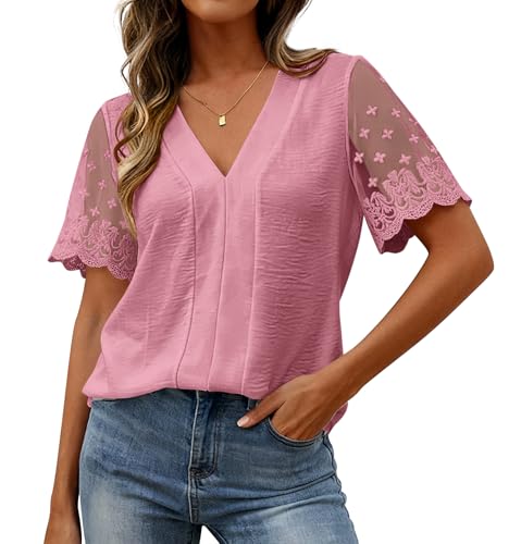 Zenlonr Women Tops Summer 2026 Short Sleeve Shirts Spring Vacation Fashion Dressy Casual Business V Neck Blouses(Pink,XX-Large)
