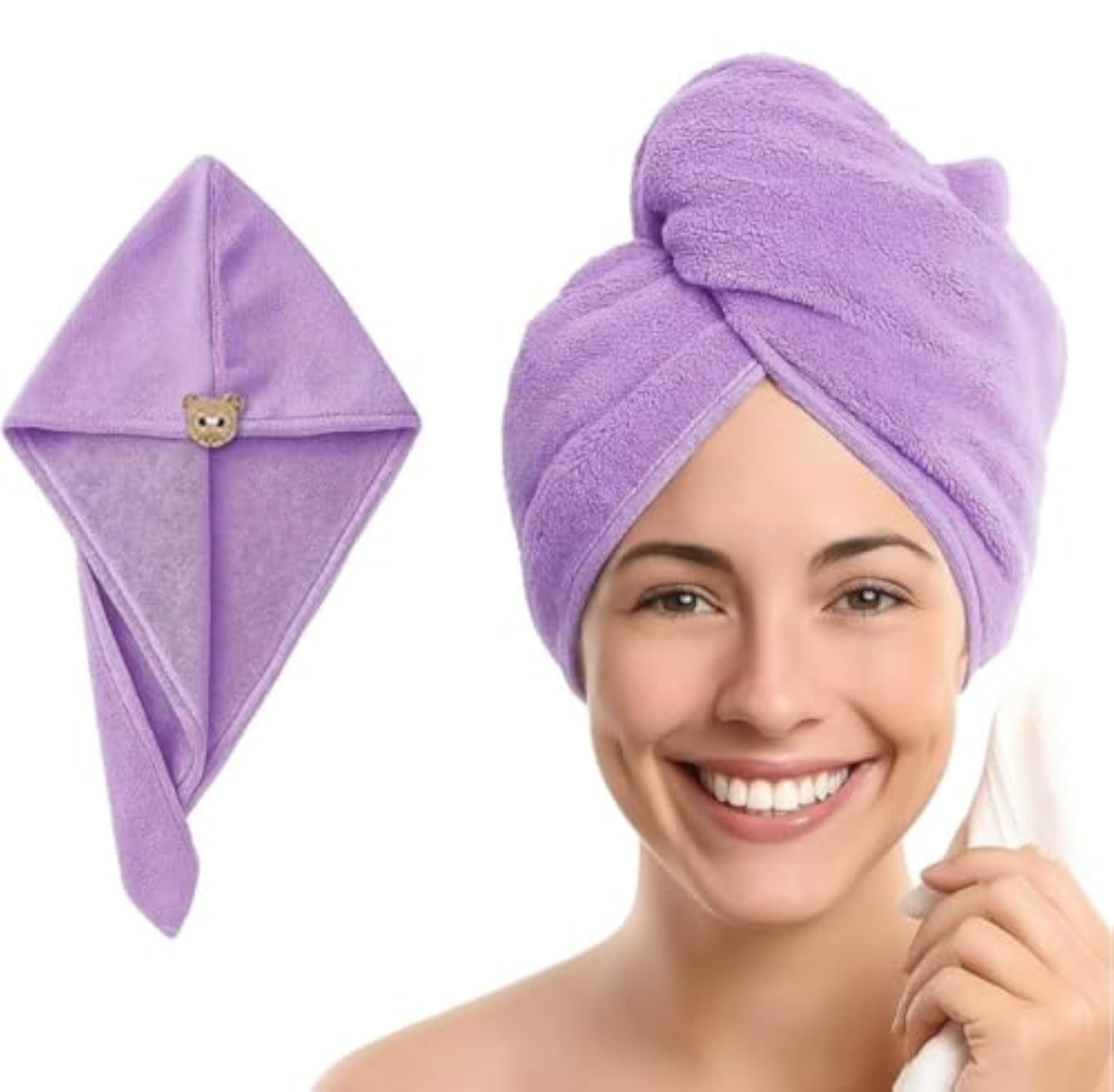 Quick Dry Purple Microfiber Hair Drying Towel Wrap with Button