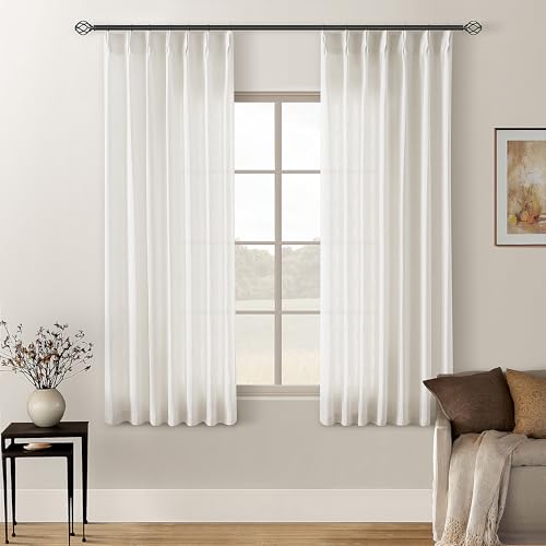 Image of Natural Pinch Pleated Linen Curtains 2 Panels 63 Inch Length for Dining Living Room Memory Training Shaped Cream Birch Semi Sheer Short Pleat Drapes with Hooks Rings Bedroom Window Curtain 40x63